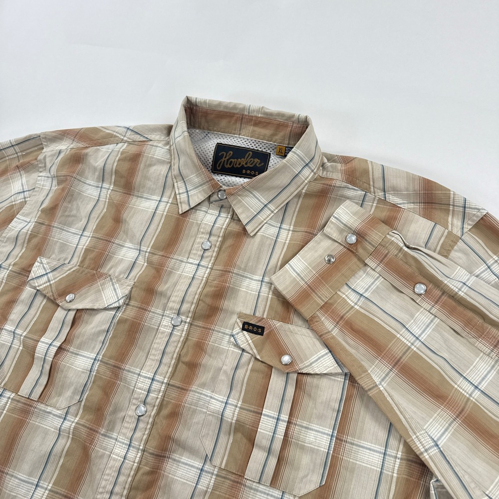 Howler Brothers Mens Shirt XL Brown Plaid H-Bar-B Pearl Snap Long Sleeve Outdoor